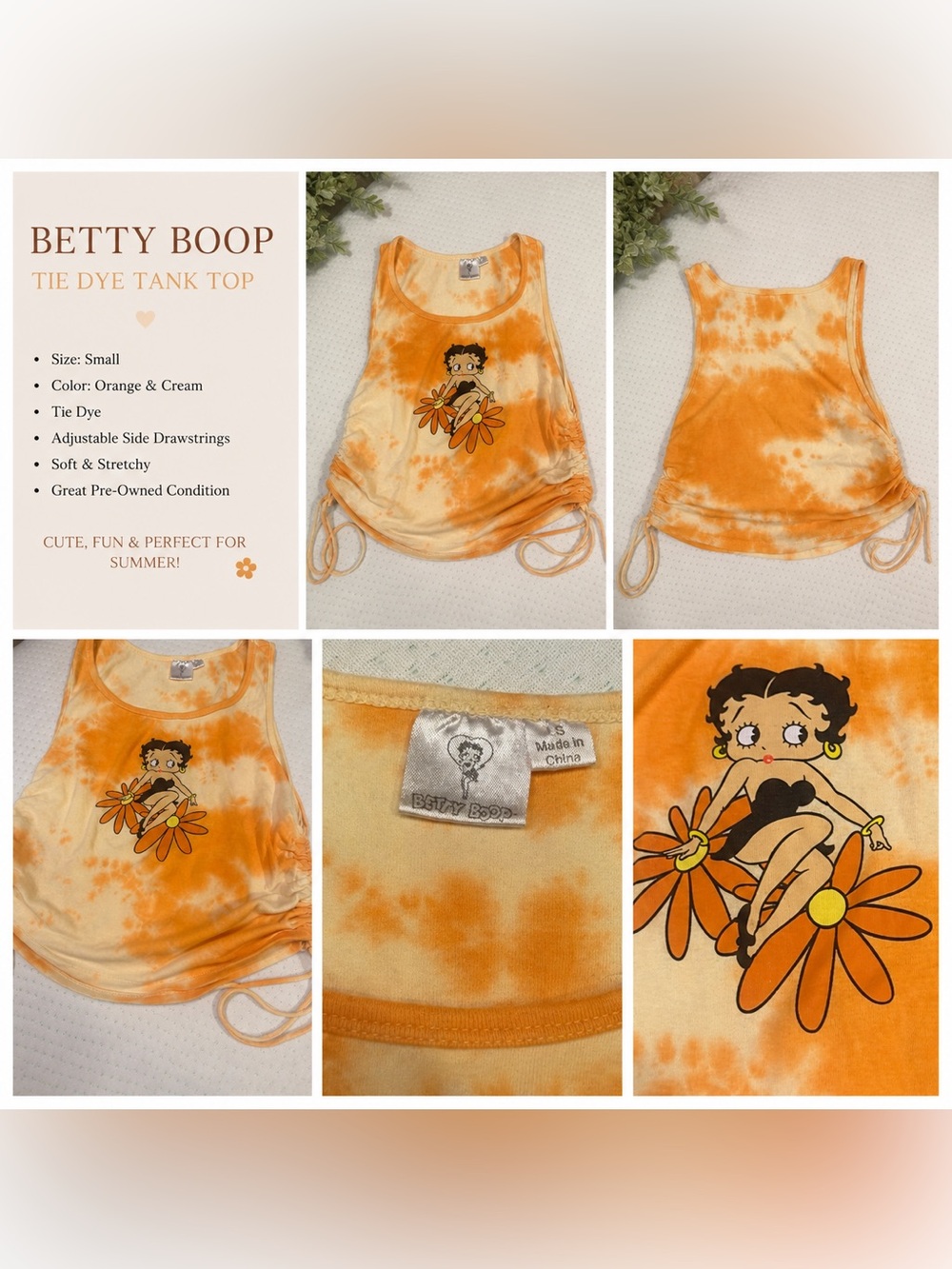 🧡 Betty Boop Orange Tie-Dye Tank Top — Women’s Small / Kids Large